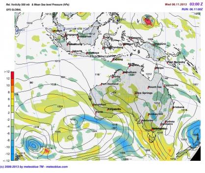 Vorticity at 500 hPa and sea level pressure over Oceania